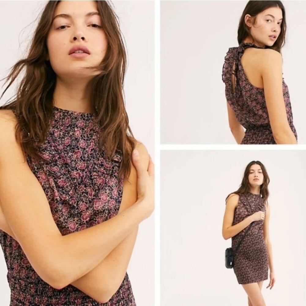Free People I'm Your Favorite Cotton Purple Floral Shirred Mini Dress Small Boho - Picture 2 of 9